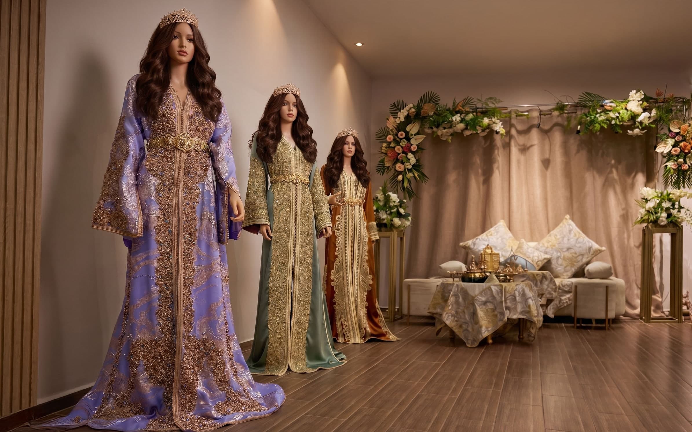 Mannequins en caftans devant une arche florale — espace mariée privatisé, New Style Tiznit.
