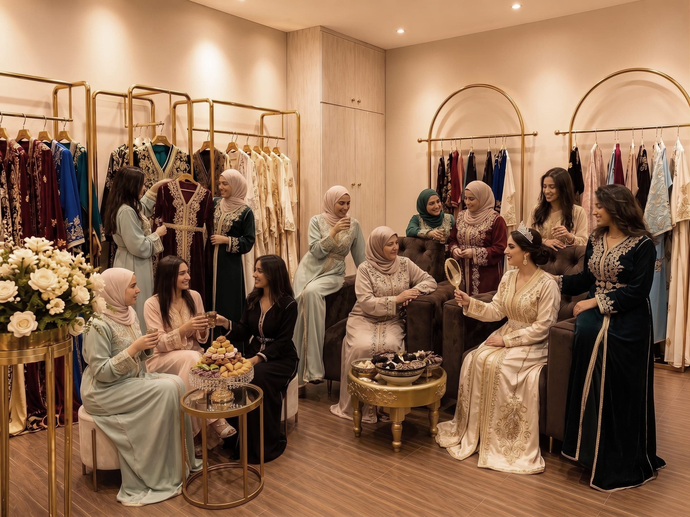 Espace mariage New Style Tiznit — mariée en caftan brodé or entourée de ses proches dans un salon élégant.